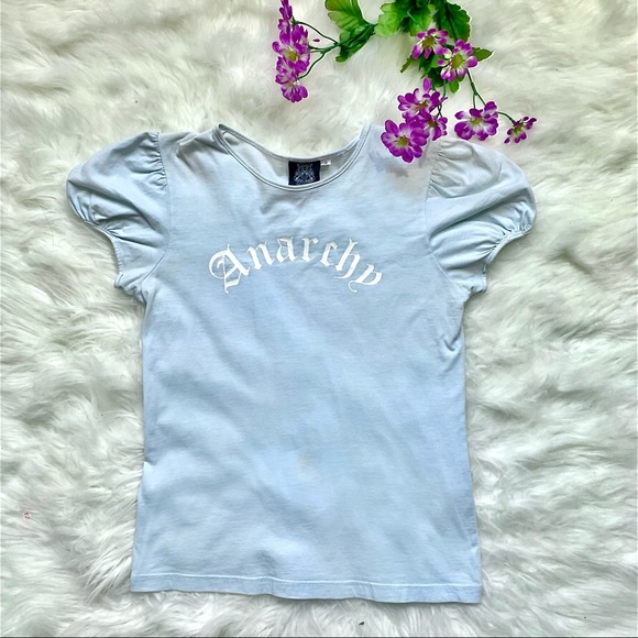 smashing Grandpa Tops - ANARCHY tshirt vintage Smashing Grandpa feminine puff sleeve, pale blue color